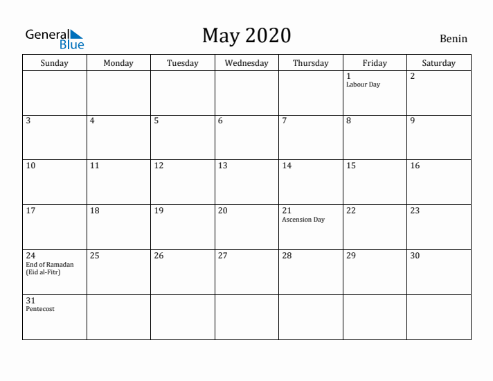 May 2020 Calendar Benin