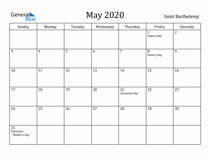 May 2020 Calendar Saint Barthelemy