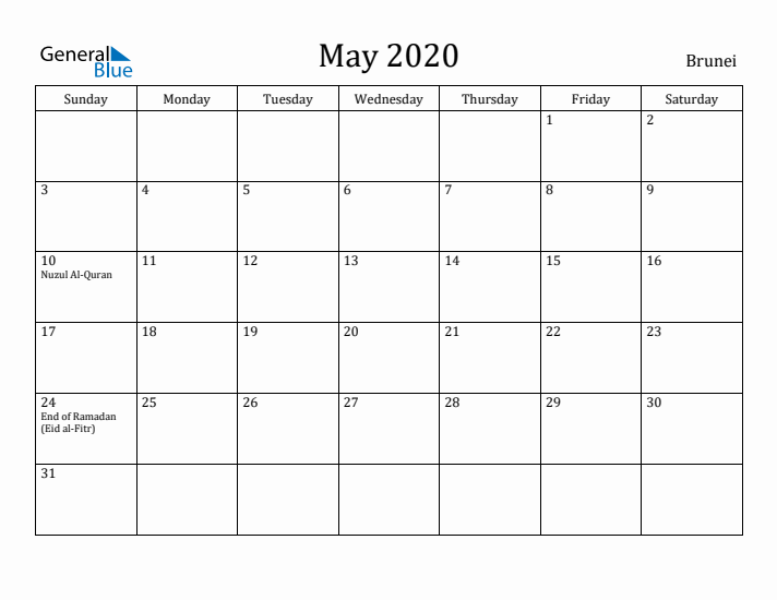 May 2020 Calendar Brunei