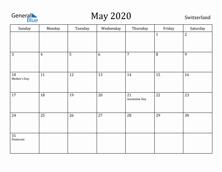 May 2020 Calendar Switzerland