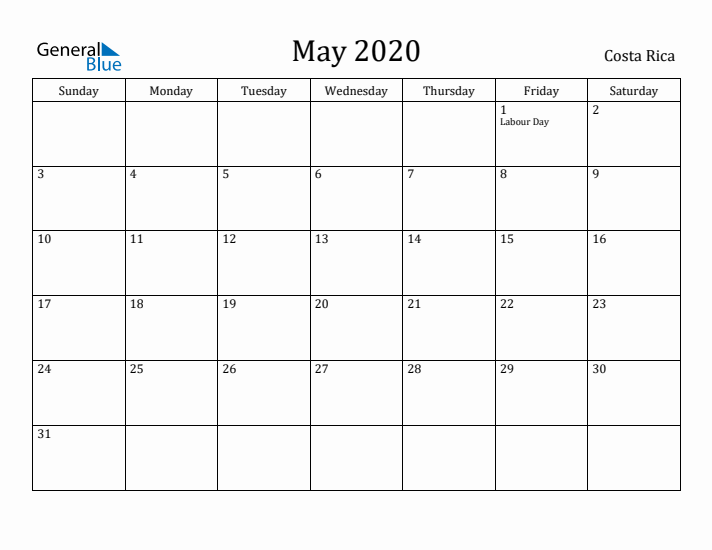 May 2020 Calendar Costa Rica