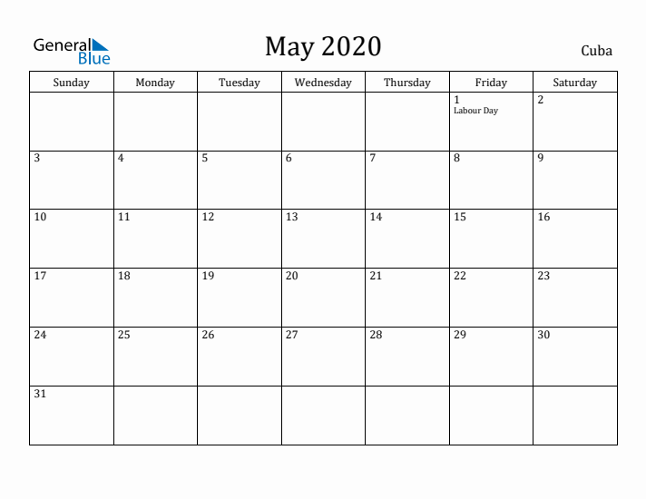 May 2020 Calendar Cuba