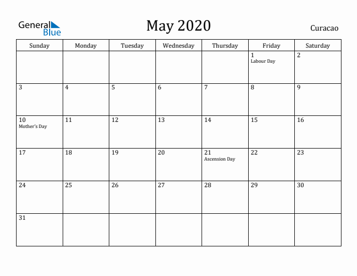 May 2020 Calendar Curacao