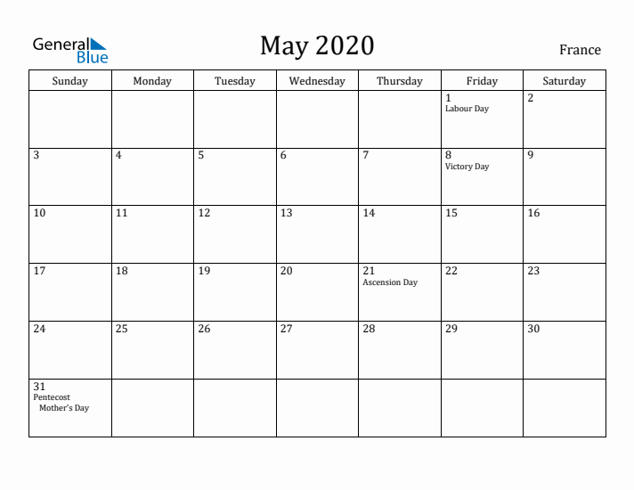 May 2020 Calendar France