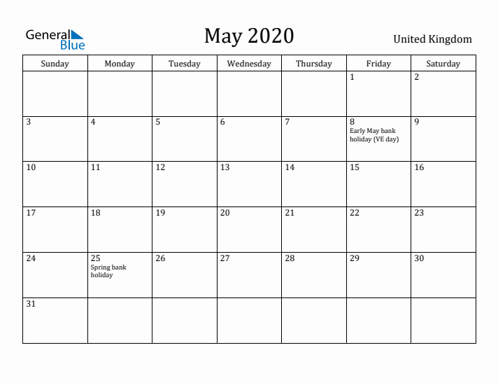 May 2020 Calendar United Kingdom