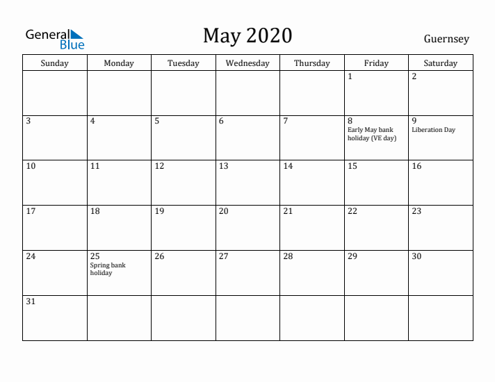 May 2020 Calendar Guernsey