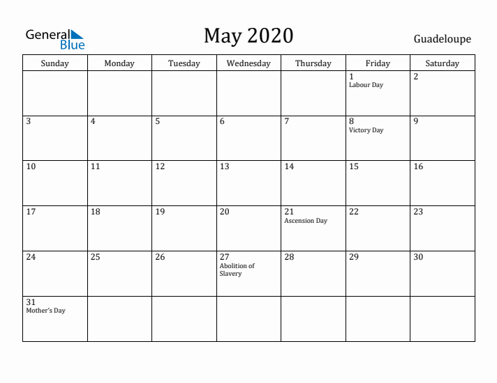 May 2020 Calendar Guadeloupe