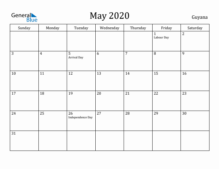 May 2020 Calendar Guyana