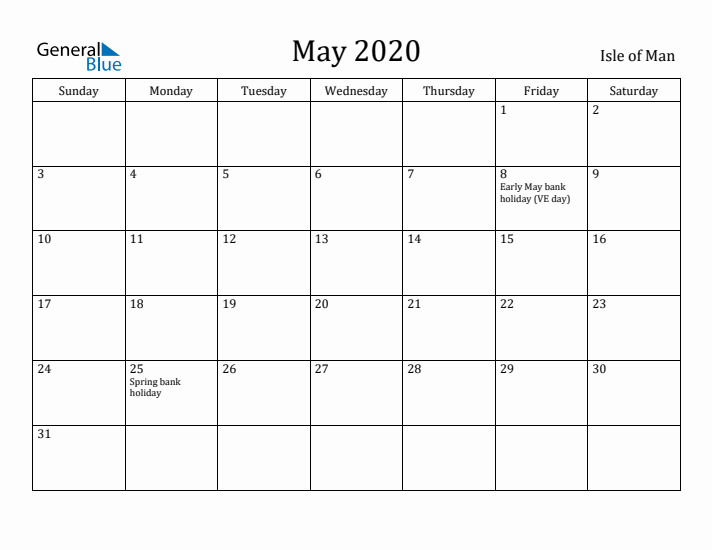 May 2020 Calendar Isle of Man