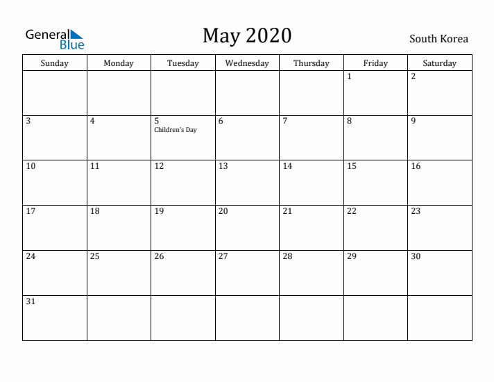 May 2020 Calendar South Korea