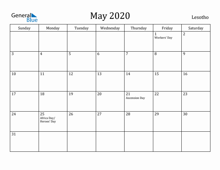 May 2020 Calendar Lesotho