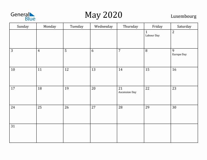 May 2020 Calendar Luxembourg