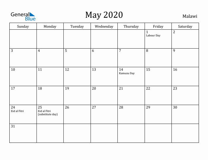 May 2020 Calendar Malawi