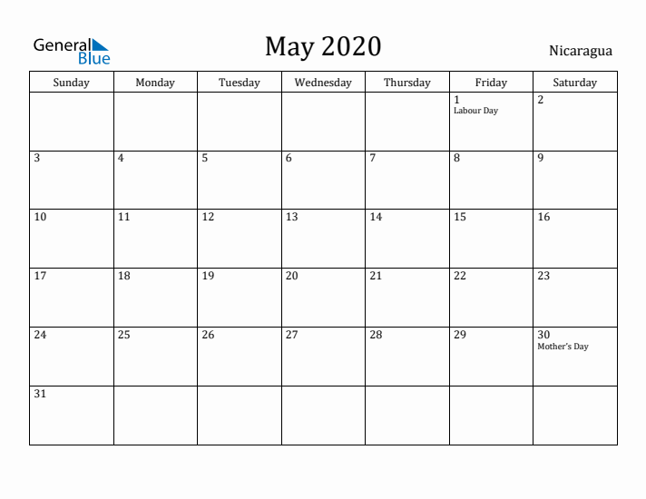 May 2020 Calendar Nicaragua