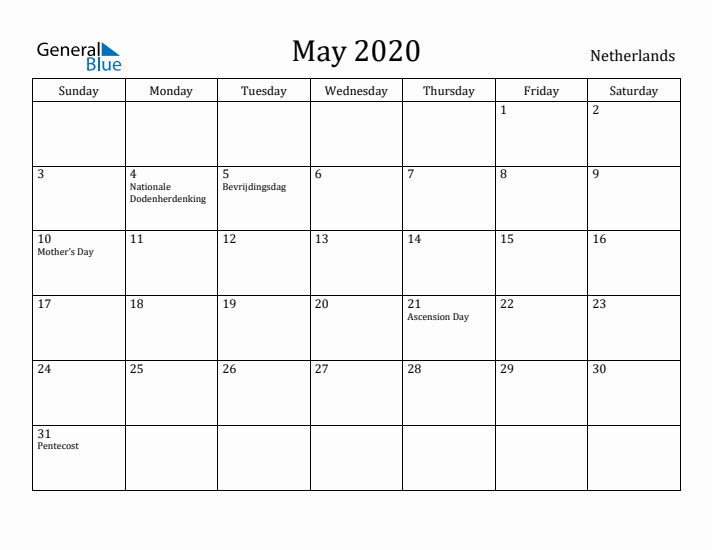 May 2020 Calendar The Netherlands