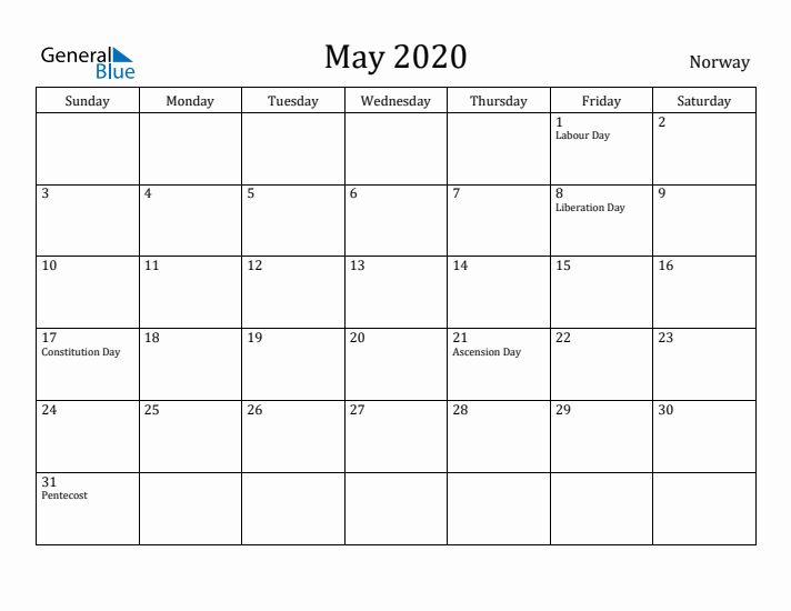 May 2020 Calendar Norway