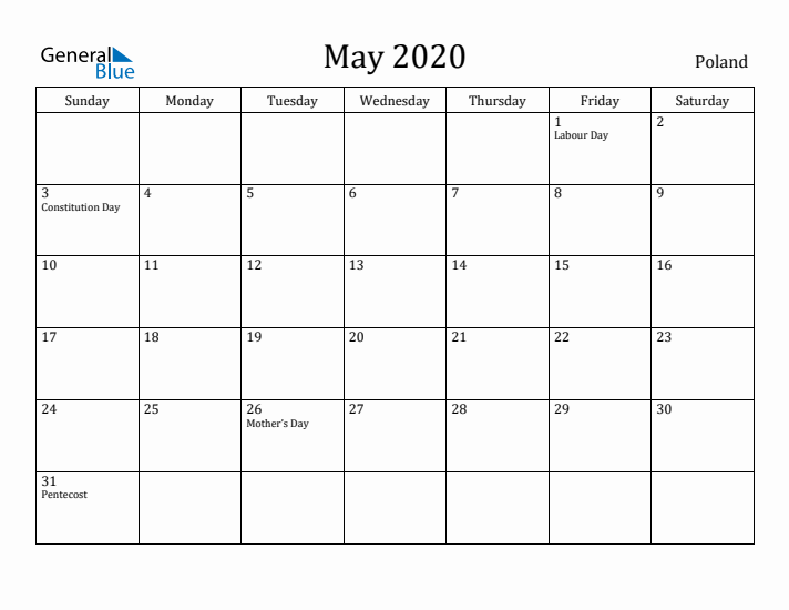 May 2020 Calendar Poland