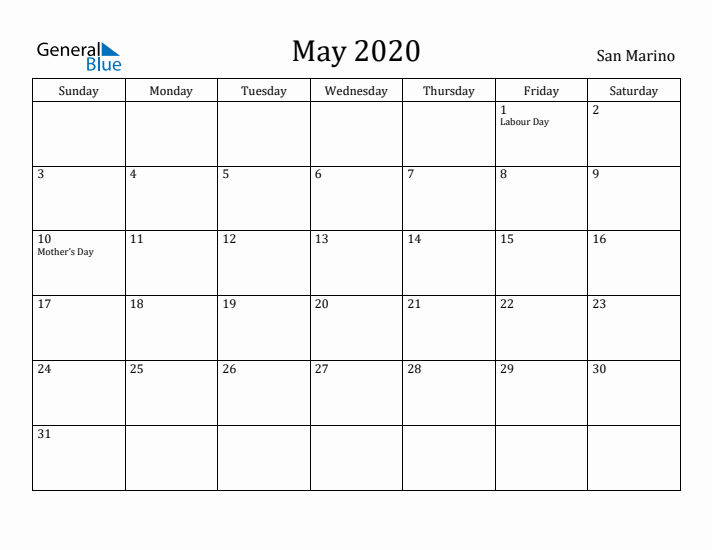 May 2020 Calendar San Marino