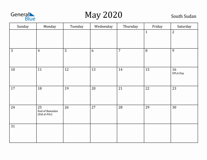 May 2020 Calendar South Sudan