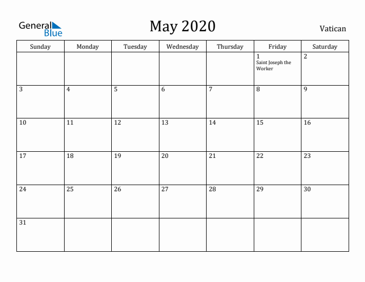 May 2020 Calendar Vatican