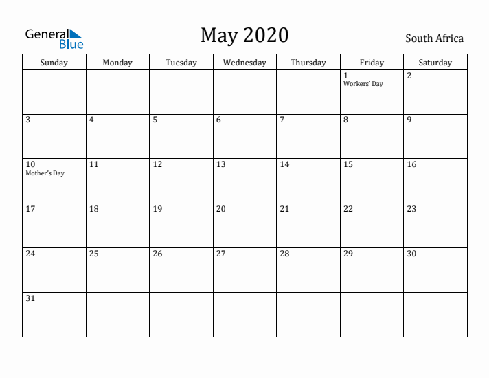 May 2020 Calendar South Africa