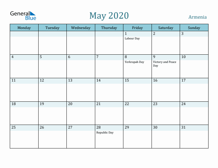 May 2020 Calendar with Holidays