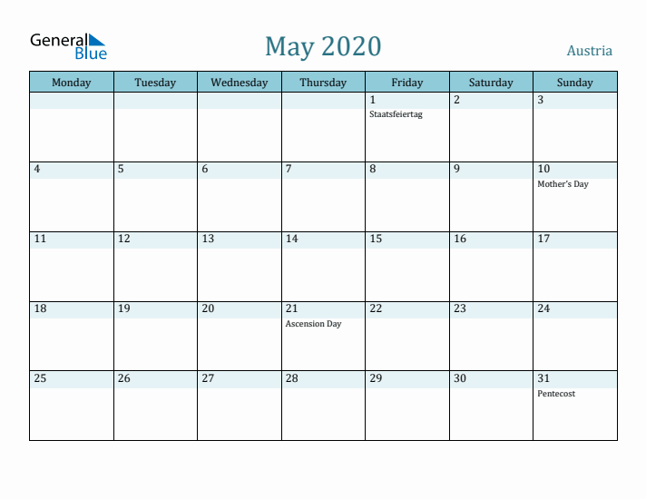 May 2020 Calendar with Holidays