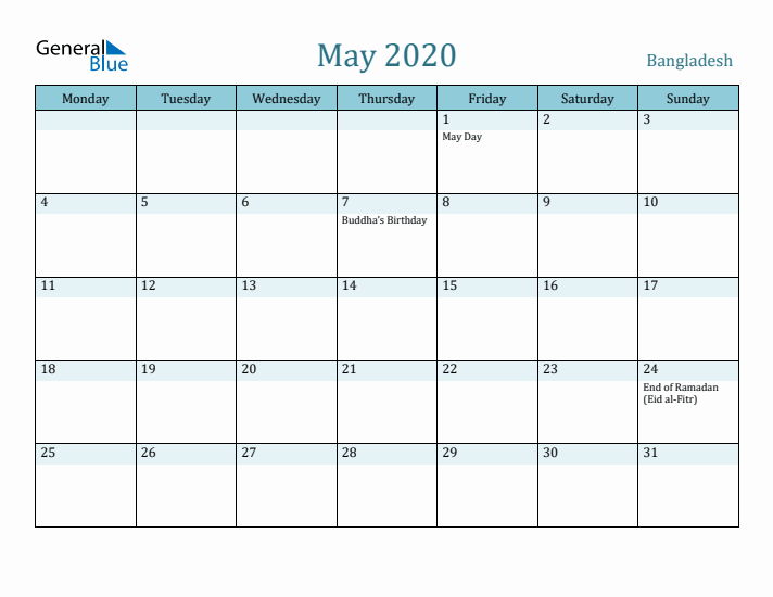 May 2020 Calendar with Holidays