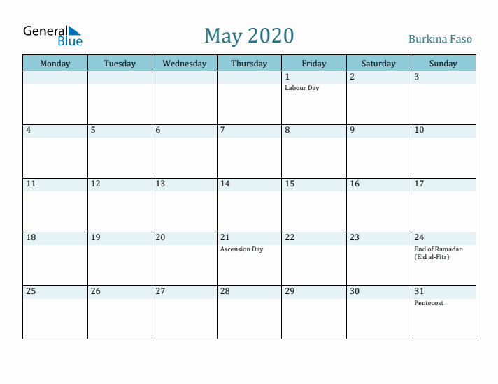 May 2020 Calendar with Holidays