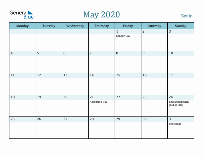 May 2020 Calendar with Holidays