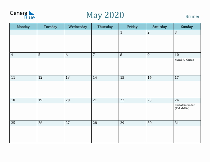 May 2020 Calendar with Holidays