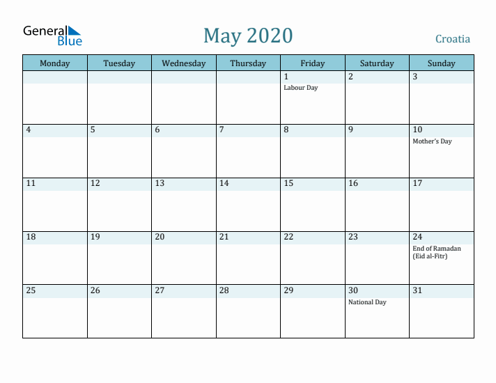 May 2020 Calendar with Holidays