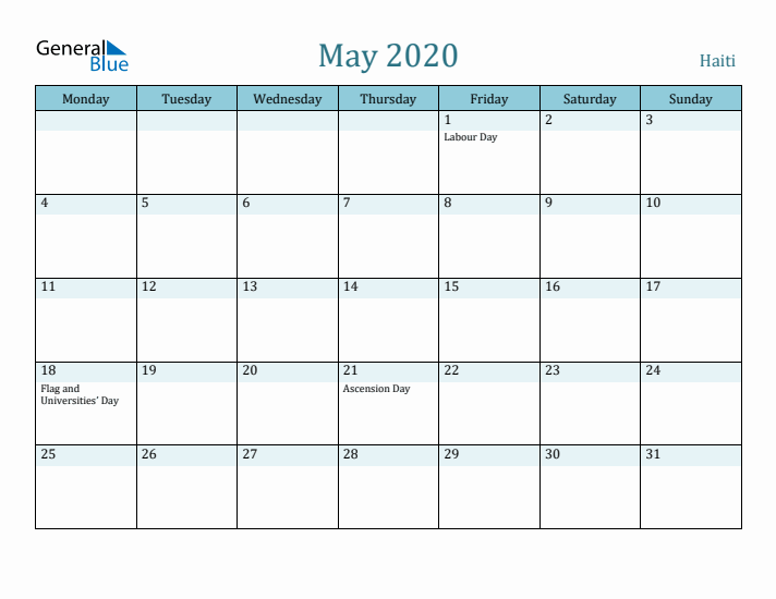 May 2020 Calendar with Holidays