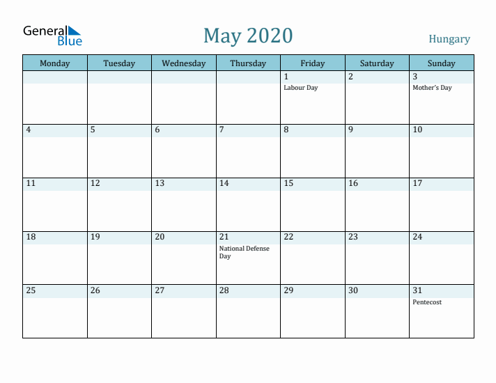 May 2020 Calendar with Holidays