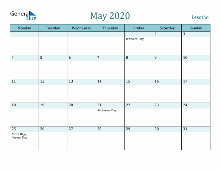 May 2020 Calendar with Holidays