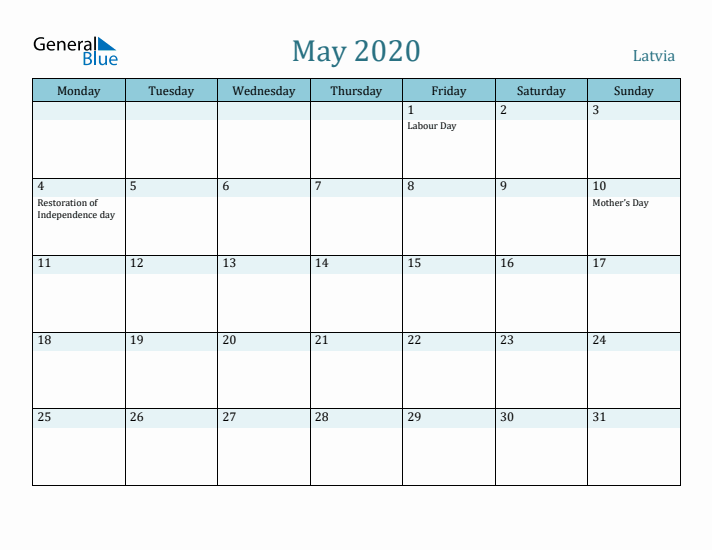 May 2020 Calendar with Holidays