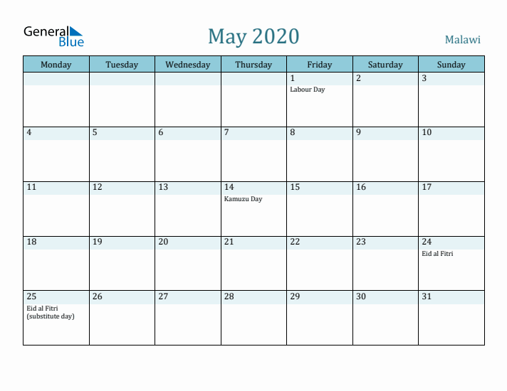 May 2020 Calendar with Holidays