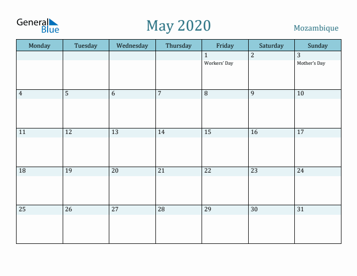 May 2020 Calendar with Holidays