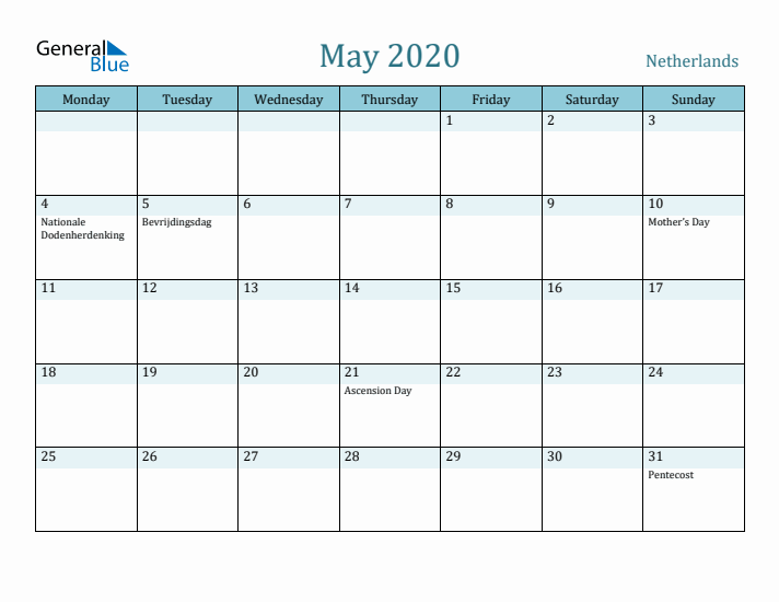 May 2020 Calendar with Holidays