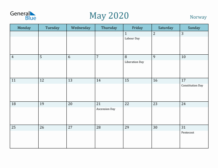 May 2020 Calendar with Holidays