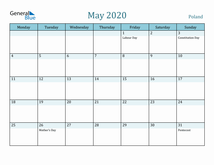 May 2020 Calendar with Holidays