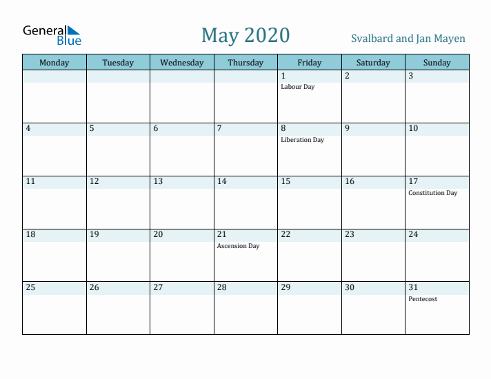 May 2020 Calendar with Holidays