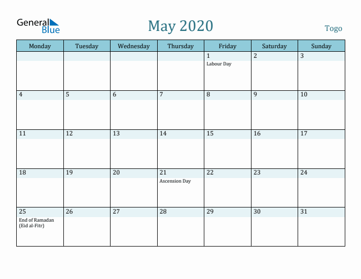 May 2020 Calendar with Holidays