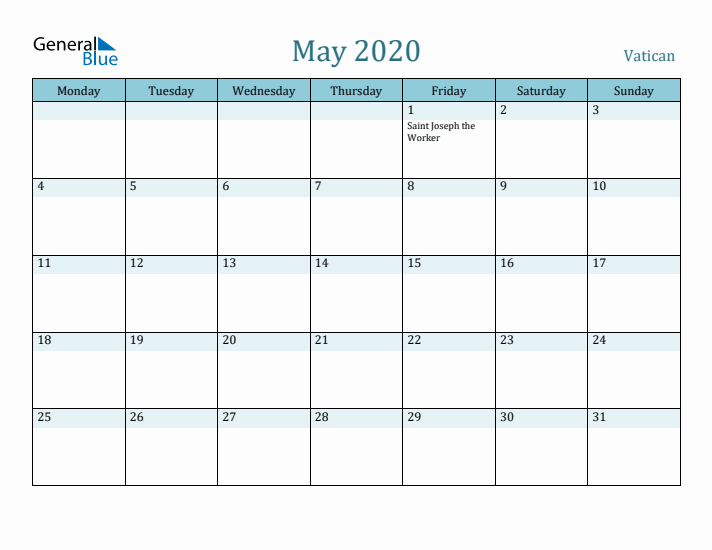 May 2020 Calendar with Holidays