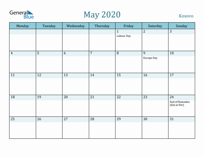 May 2020 Calendar with Holidays