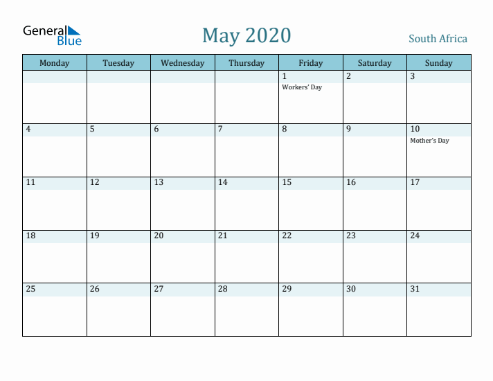 May 2020 Calendar with Holidays