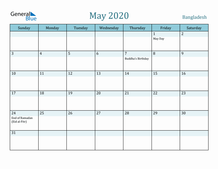 May 2020 Calendar with Holidays