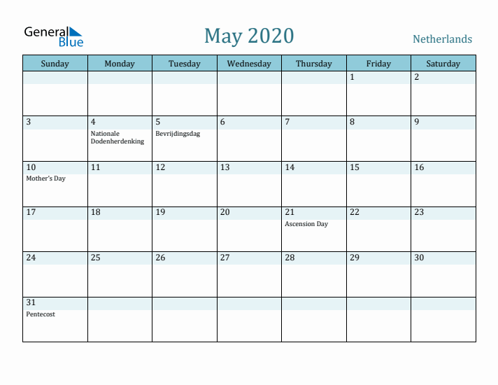 May 2020 Calendar with Holidays