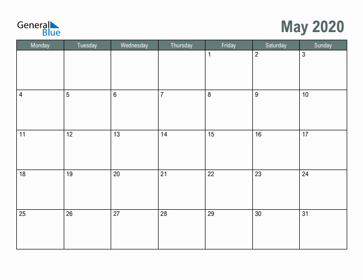 Free Printable May 2020 Calendar