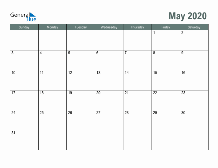 Free Printable May 2020 Calendar